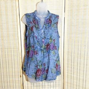 Magazine Blue Floral Half Button Collar Semi Sheer Gauzy Sleeveless Top 1X